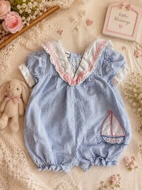 BT Kids Blue & White Striped Romper Sailboat Flower Embroidered Snap 6-9mo.